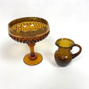 Vintage Amber Candy Dish & Small Pitcher